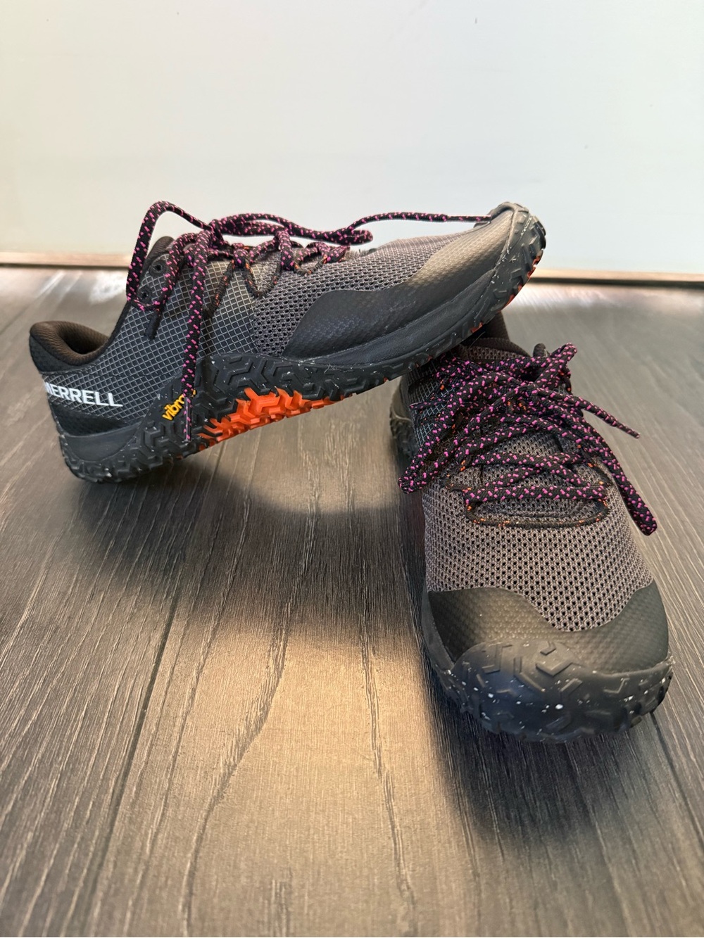 Merrell Trail Glove Black and Grey Sneakers with Pink Accent Laces